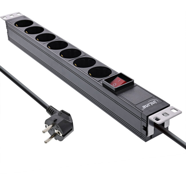 InLine® 19" socket strip, 7-way protective contact, with switch, 2m, black, variable mounting bracket