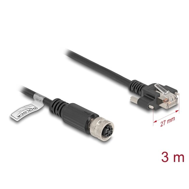 Delock M12 Cable D-coded 4 pin female to RJ45 plug with screws Cat.5e FTP 3 m black
