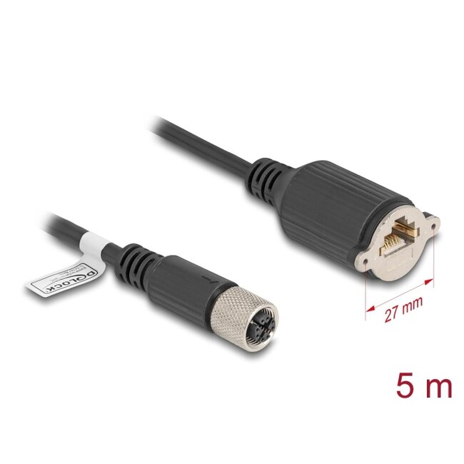 Delock M12 Cable X-coded 8 pin female to RJ45 jack for installation Cat.6A S/FTP 5 m black