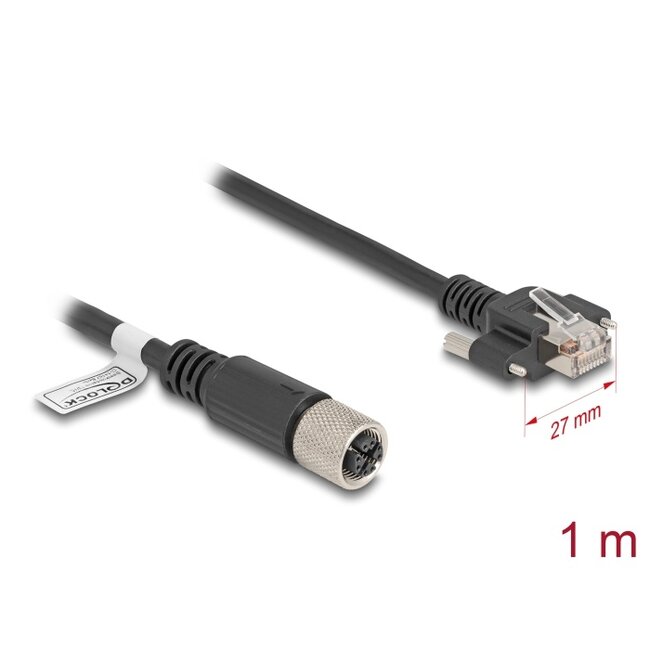 Delock M12 Cable X-coded 8 pin female to RJ45 plug with screws Cat.6A S/FTP 1 m black