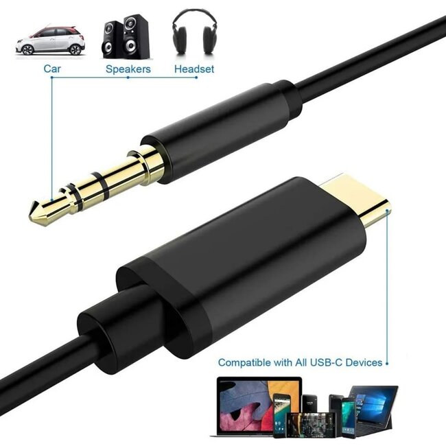 USB type-C naar stereo 3.5 mm AUX-kabel, 1.5 m, zwart