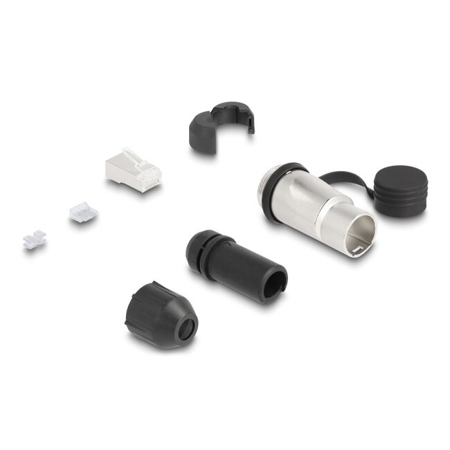 RJ45 Modular Plug Cat.6A for self-assembly with robust cable plug housing coupler and protective cap suitable for Delock feed-through couplers 67061 and 67062 IP66 dust and waterproof