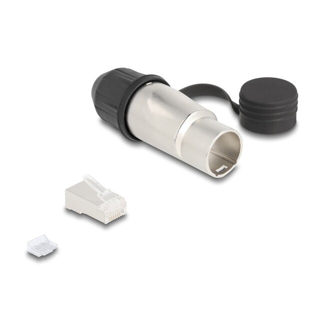 RJ45 Modular Plug Cat.6A for self-assembly with robust cable plug housing coupler and protective cap suitable for Delock feed-through couplers 67061 and 67062 IP66 dust and waterproof