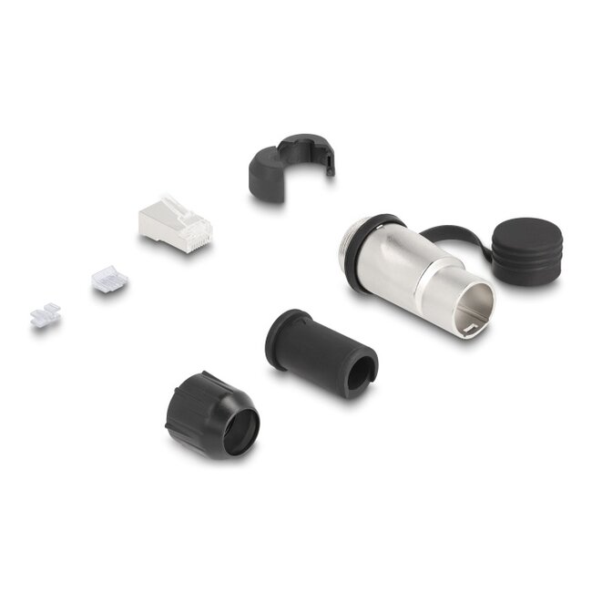 RJ45 Modular Plug for self-assembly Cat.6A with robust cable plug housing and protective cap suitable for the Delock feed-through couplers 67061 and 67062