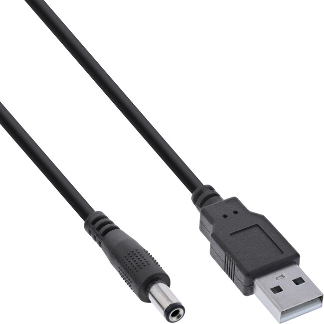 USB-A (m) - DC plug (m) | 5,5 x 2,5mm | max. 5V/3A (15W) | zwart | 1 meter