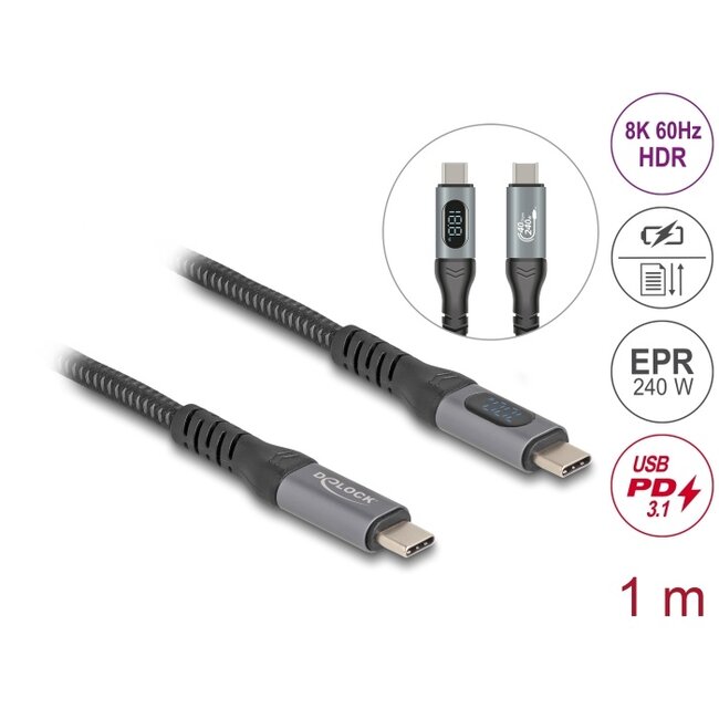 Delock USB 40 Gbps Data and Fast Charging Coaxial Cable 1 m 8K 60 Hz USB PD 3.1 Extended Power Range 240 W