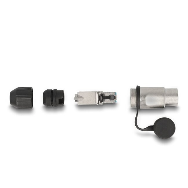 RJ45 Modular Plug field-assembly Cat.6A with robust cable plug housing and protective cap suitable for the Delock feed-through couplers 67061 and 67062 IP66 dust and waterproof
