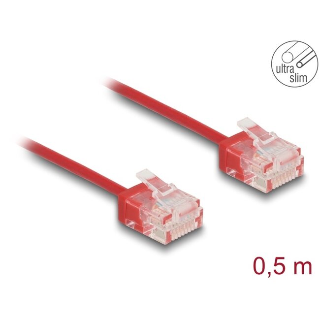 Delock RJ45 Network Cable Cat.6 UTP Ultra Slim 0.5 m red with short plugs