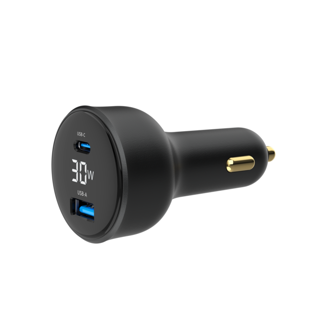 2-poorts USB-auto snellader, Type-C PD, LCD, 30 W, zwart