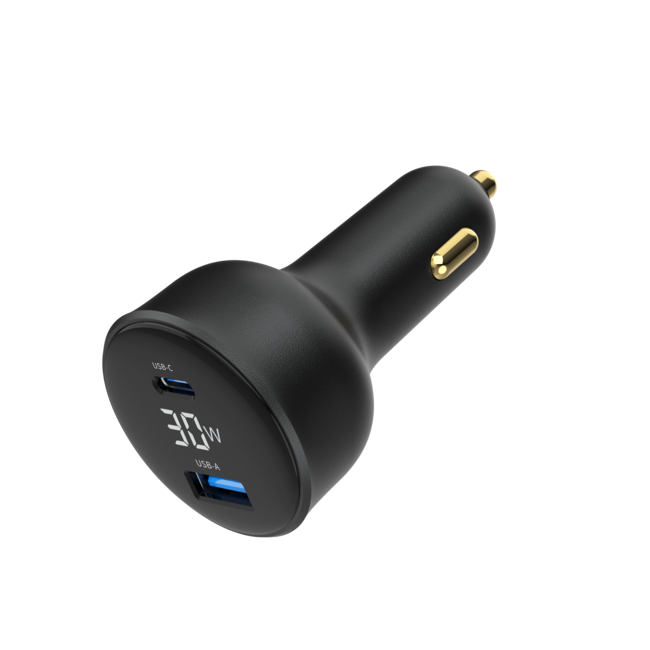 2-poorts USB-auto snellader, Type-C PD, LCD, 30 W, zwart