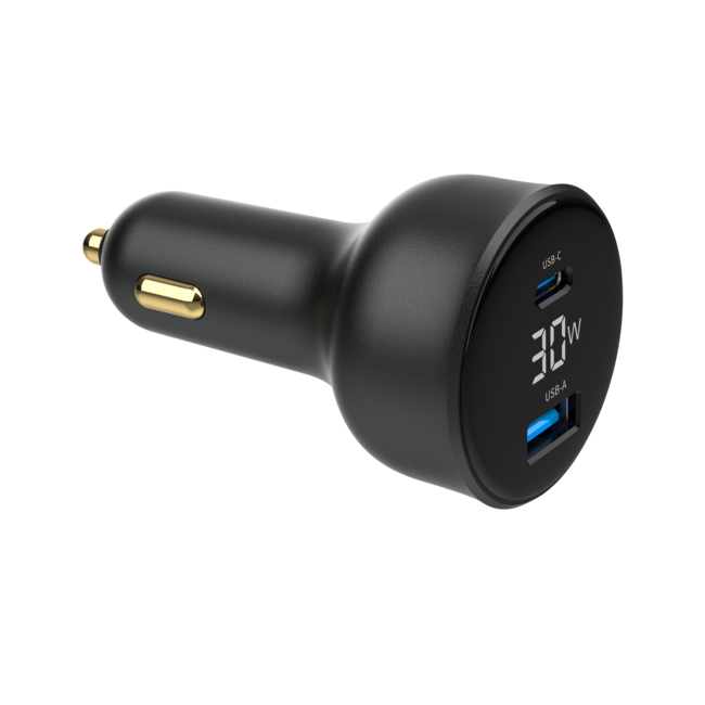2-poorts USB-auto snellader, Type-C PD, LCD, 30 W, zwart