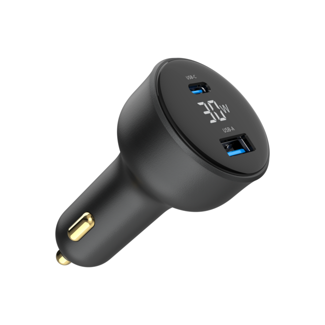 2-poorts USB-auto snellader, Type-C PD, LCD, 30 W, zwart