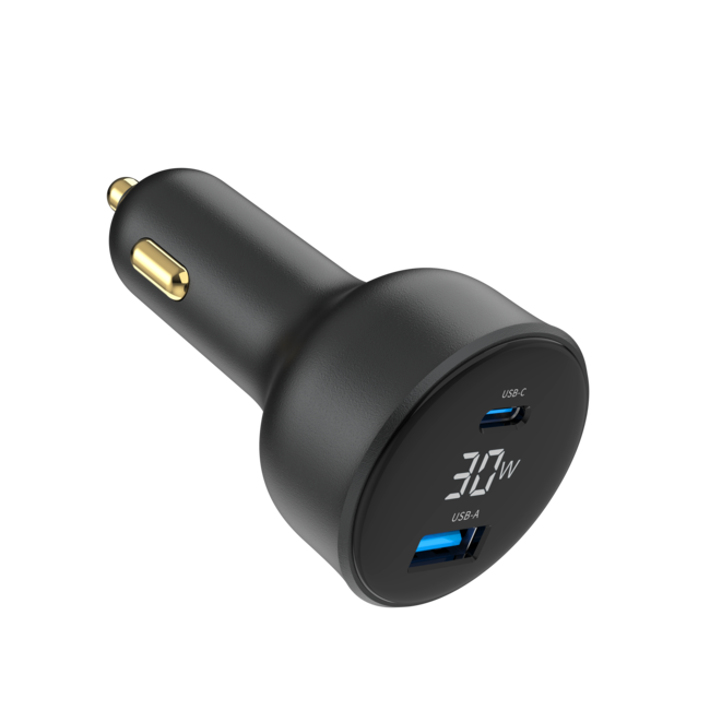 2-poorts USB-auto snellader, Type-C PD, LCD, 30 W, zwart