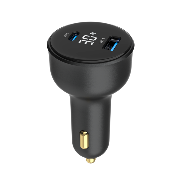 2-poorts USB-auto snellader, Type-C PD, LCD, 30 W, zwart