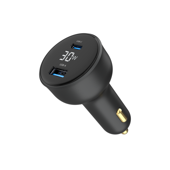 2-poorts USB-auto snellader, Type-C PD, LCD, 30 W, zwart