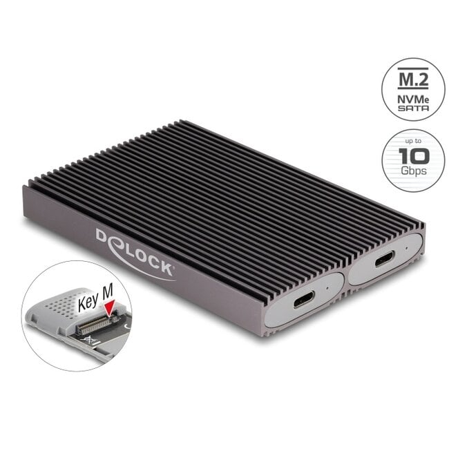 Delock External USB Type-C™ Dual Combo Enclosure for 2 x M.2 NVMe PCIe or SATA SSD - tool free