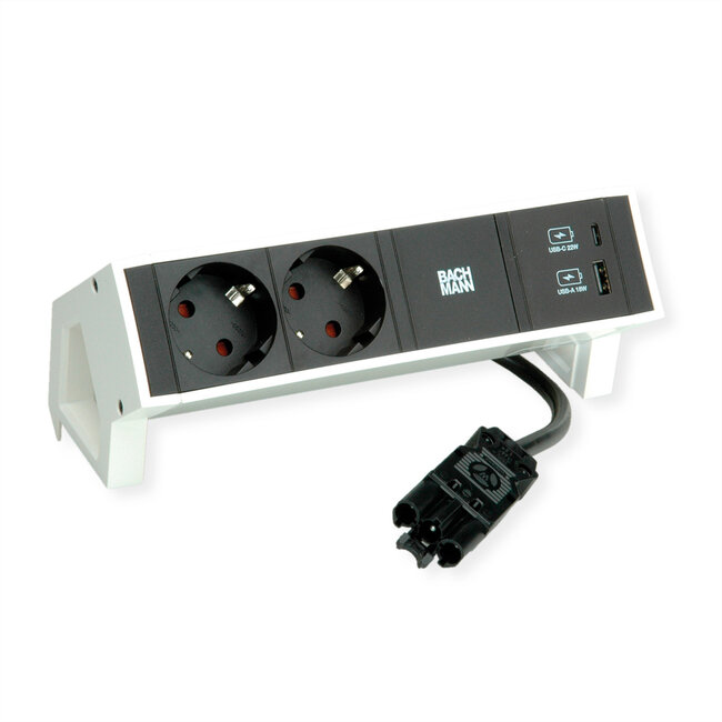 BACHMANN DESK2 2xbeschermend contact USB A&C, USB-lader 22W 0,2m GST18 wit
