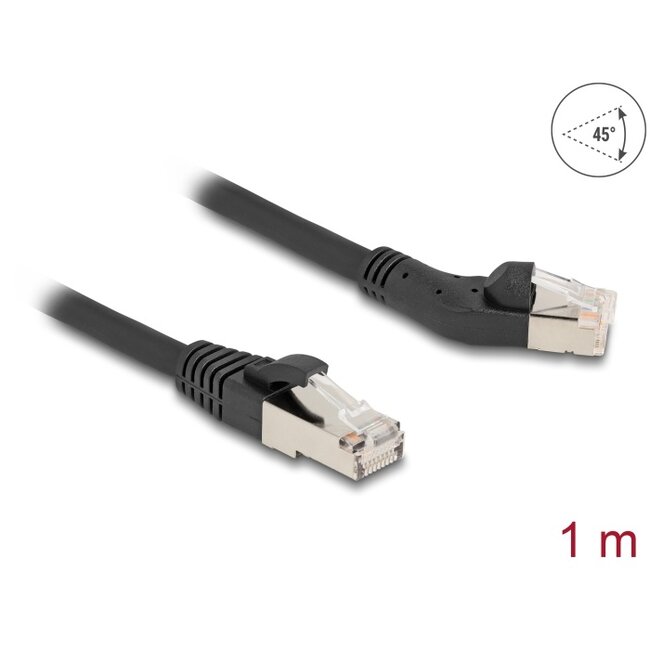 Delock RJ45 Network Cable Cat.6A S/FTP plug 45° left angled to plug straight 1 m black