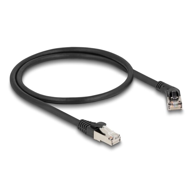 Delock RJ45 Network Cable Cat.6A S/FTP plug 45° right angled to plug straight 0.5 m black