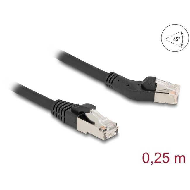 Delock RJ45 Network Cable Cat.6A S/FTP plug 45° left angled to plug straight 0.25 m black