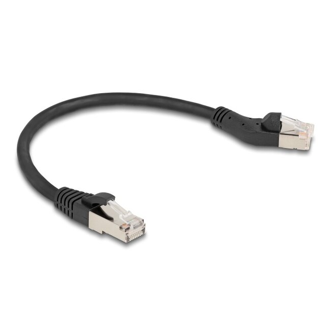 Delock RJ45 Network Cable Cat.6A S/FTP plug 45° left angled to plug straight 0.25 m black
