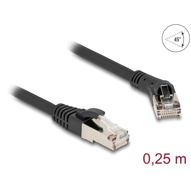 Delock RJ45 Network Cable Cat.8.1 S/FTP plug 45° right angled to plug straight up to 40 Gbps 0.25 m black