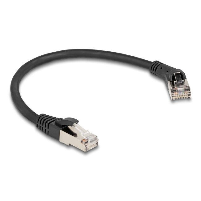 Delock RJ45 Network Cable Cat.8.1 S/FTP plug 45° right angled to plug straight up to 40 Gbps 0.25 m black