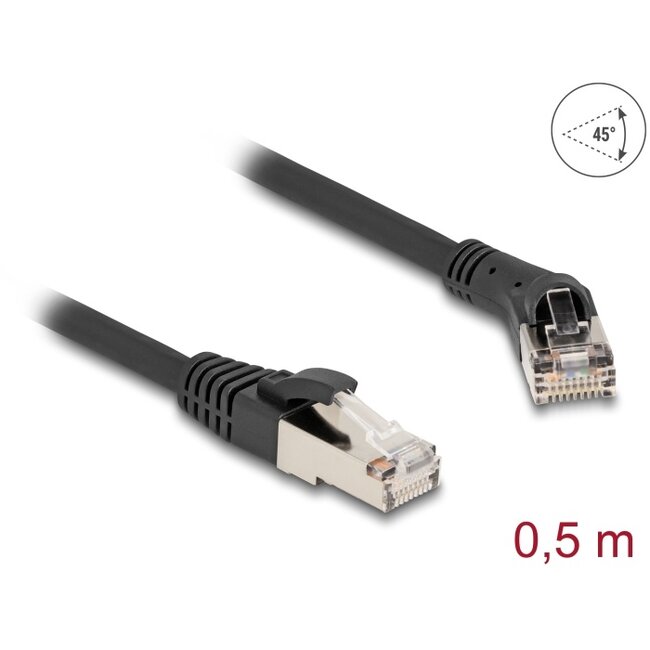 Delock RJ45 Network Cable Cat.8.1 S/FTP plug 45° right angled to plug straight up to 40 Gbps 0.5 m black