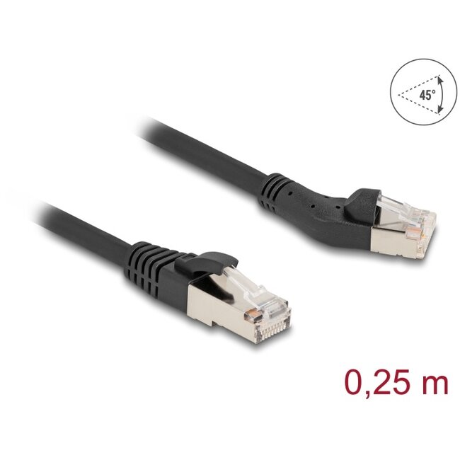 Delock RJ45 Network Cable Cat.8.1 S/FTP plug 45° left angled to plug straight up to 40 Gbps 0.25 m black