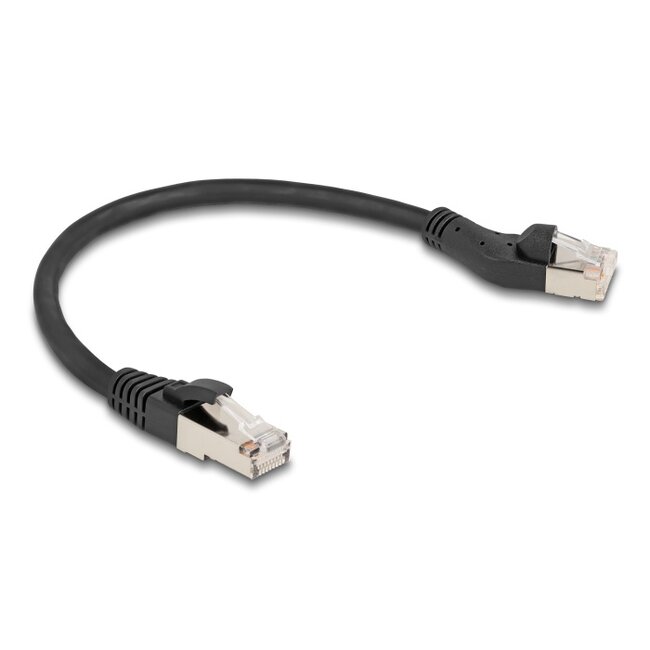 Delock RJ45 Network Cable Cat.8.1 S/FTP plug 45° left angled to plug straight up to 40 Gbps 0.25 m black