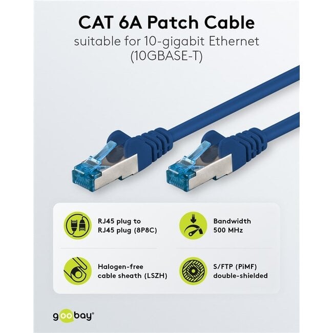 Goobay CAT 6A Patch Cable S/FTP (PiMF), 5 m, blue, Set of 10