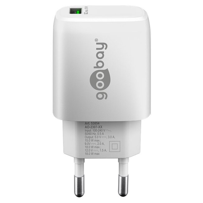 Goobay USB thuislader met 1 USB-A QC poort | 18W | wit