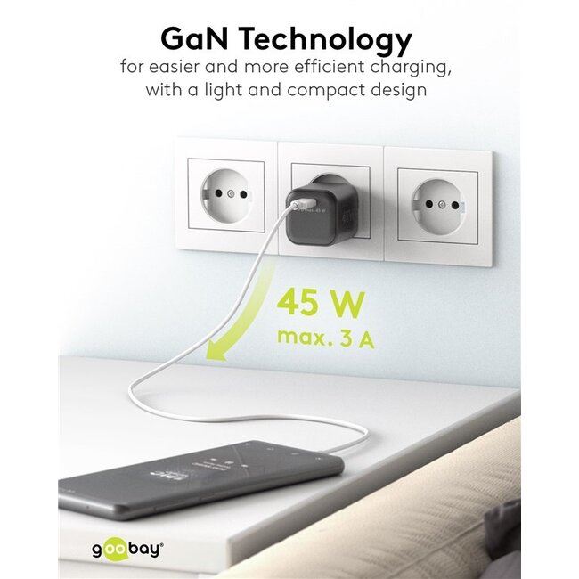 Goobay thuislader met 1 USB-C PD poort | GaN | 45W | zwart