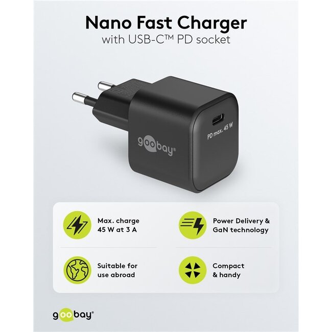 Goobay thuislader met 1 USB-C PD poort | GaN | 45W | zwart