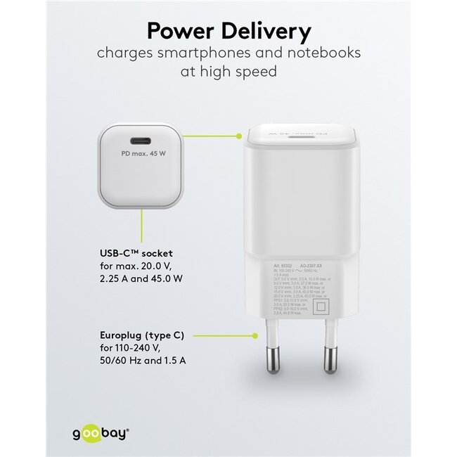 Goobay thuislader met 1 USB-C PD poort | GaN | 45W | wit