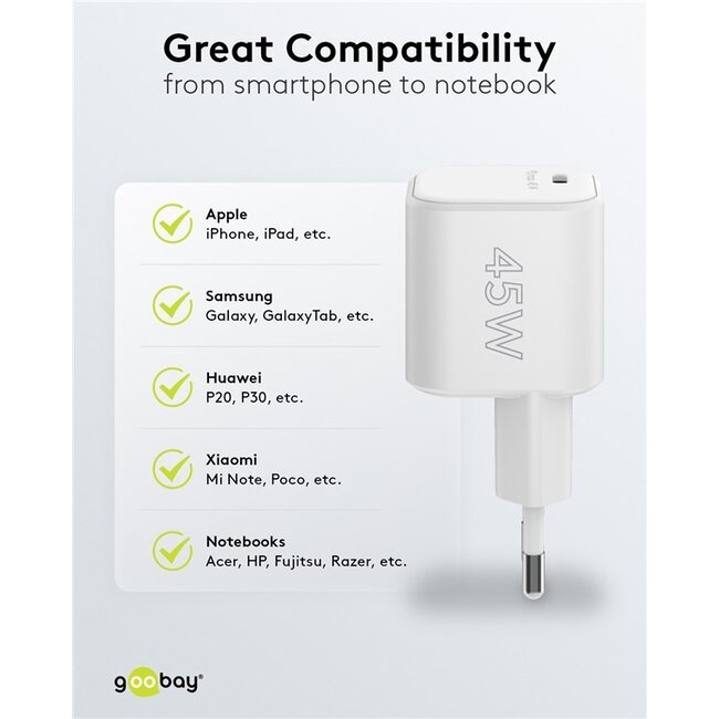 Goobay thuislader met 1 USB-C PD poort | GaN | 45W | wit