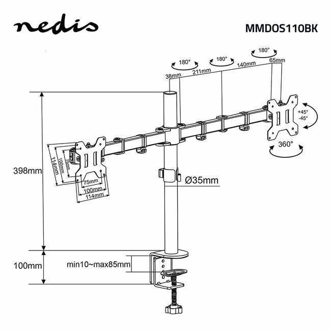 Nedis bureaubeugel voor 2 monitoren tot 32 inch | full motion