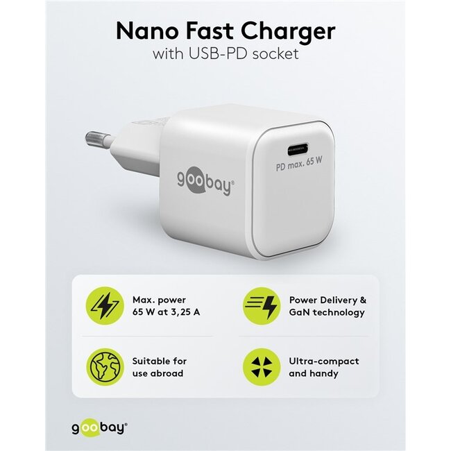 Goobay thuislader met 1 USB-C PD poort | GaN | 65W | wit