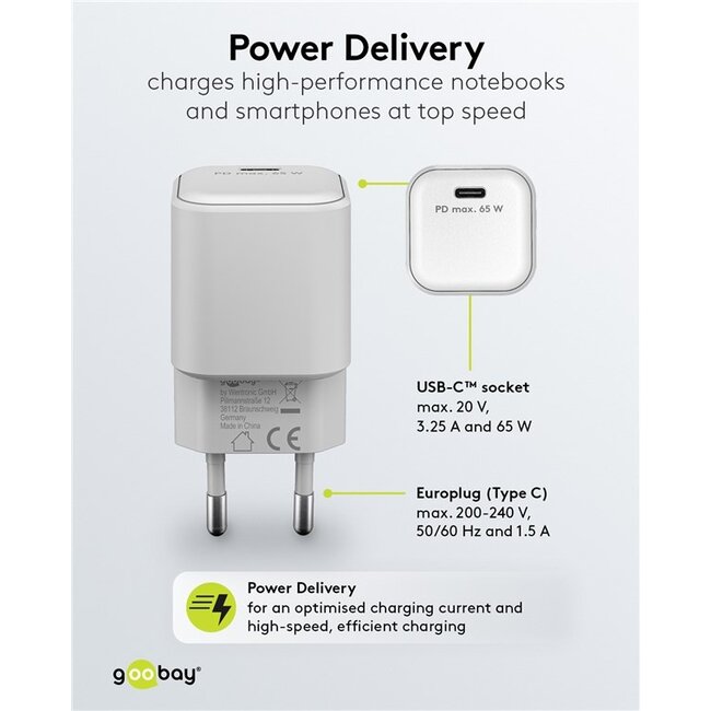 Goobay thuislader met 1 USB-C PD poort | GaN | 65W | wit