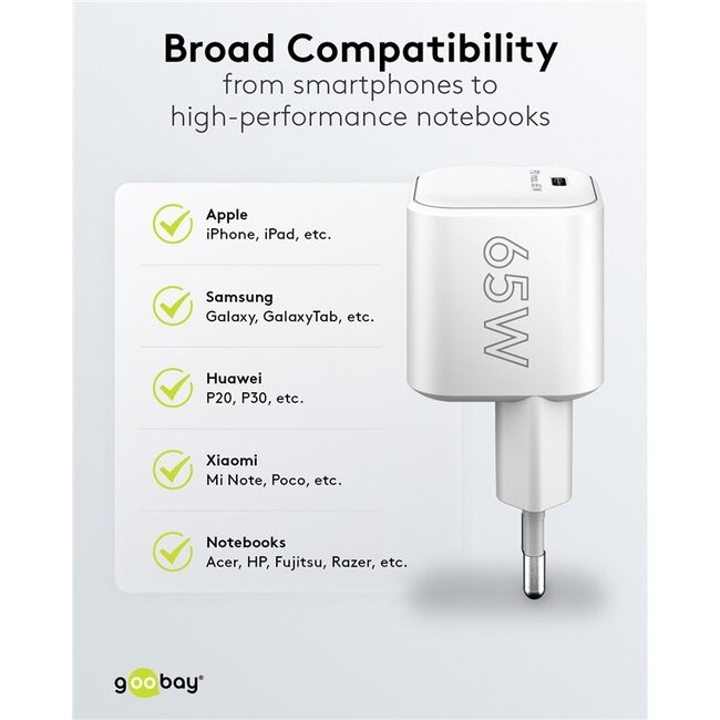 Goobay thuislader met 1 USB-C PD poort | GaN | 65W | wit