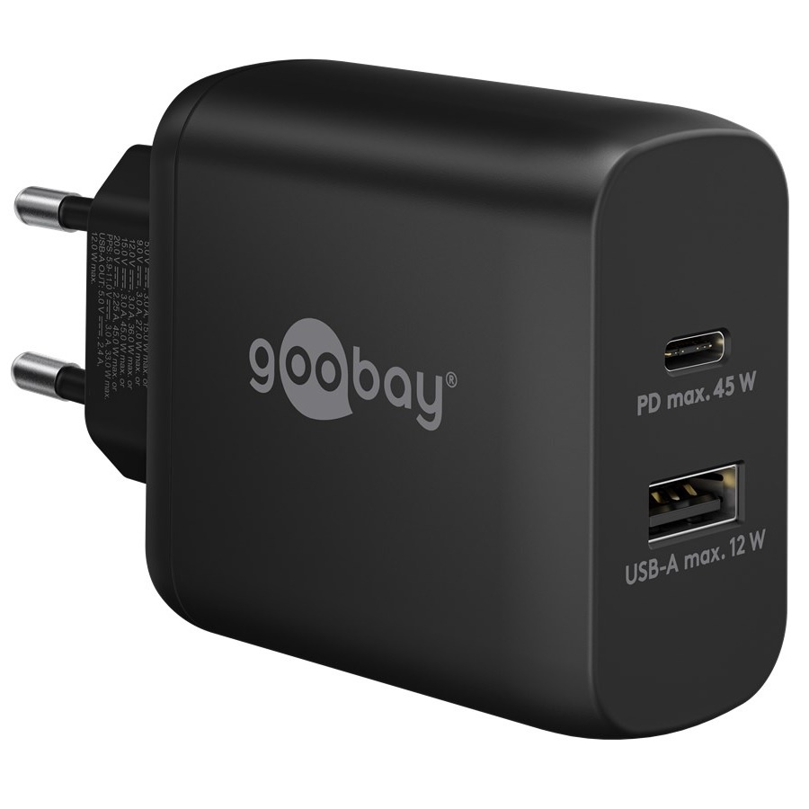 USB Thuislader Voedingsadapter 45W - USB-A en USB-C - PD en QC 3.0 - Zwart