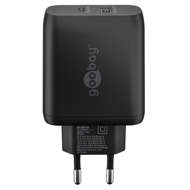 Goobay thuislader met 1x USB-C PD en 1x USB-A | GaN | 45W | zwart