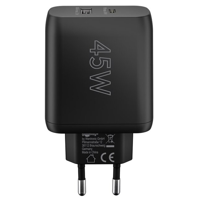 Goobay thuislader met 1x USB-C PD en 1x USB-A | GaN | 45W | zwart