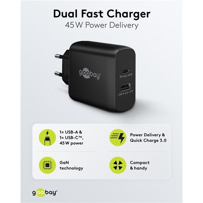 Goobay thuislader met 1x USB-C PD en 1x USB-A | GaN | 45W | zwart