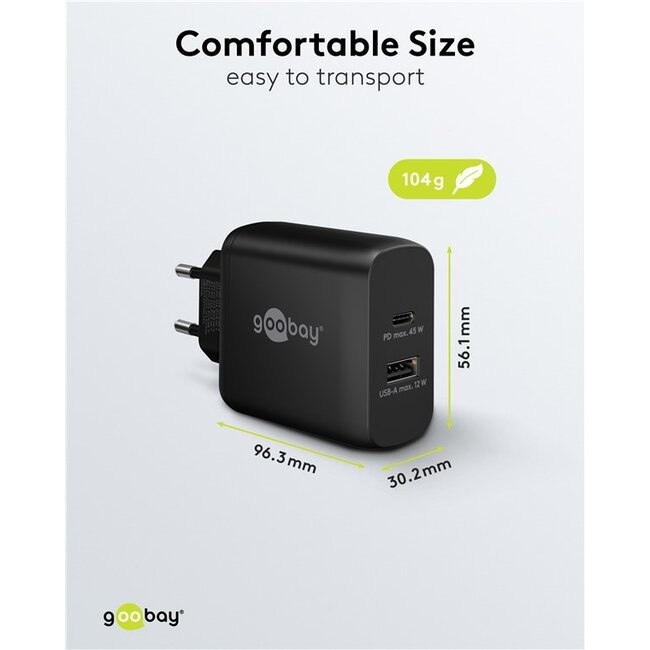 Goobay thuislader met 1x USB-C PD en 1x USB-A | GaN | 45W | zwart