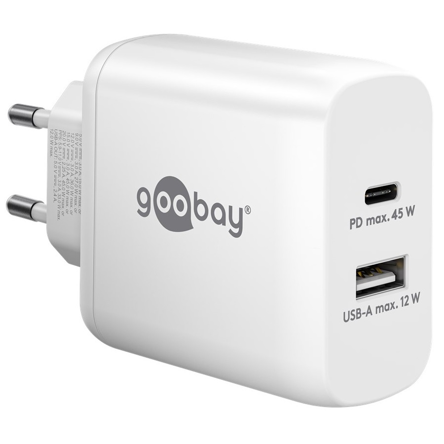 USB Thuislader Voedingsadapter 45W - USB-A en USB-C - PD en QC 3.0 - Wit
