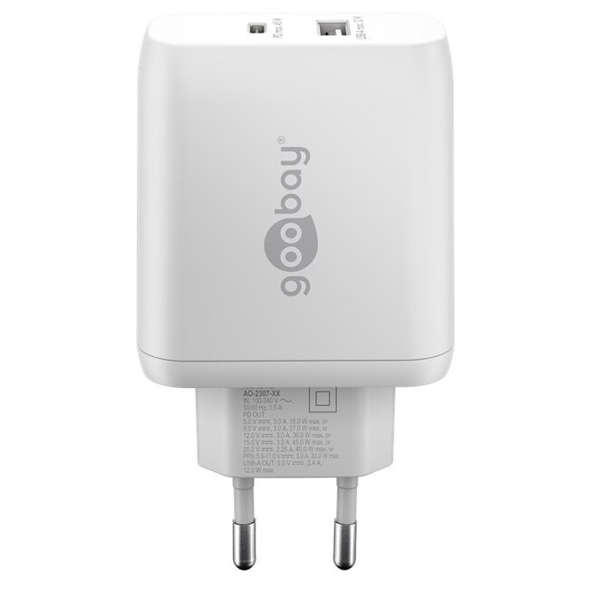 Goobay thuislader met 1x USB-C PD en 1x USB-A | GaN | 45W | wit