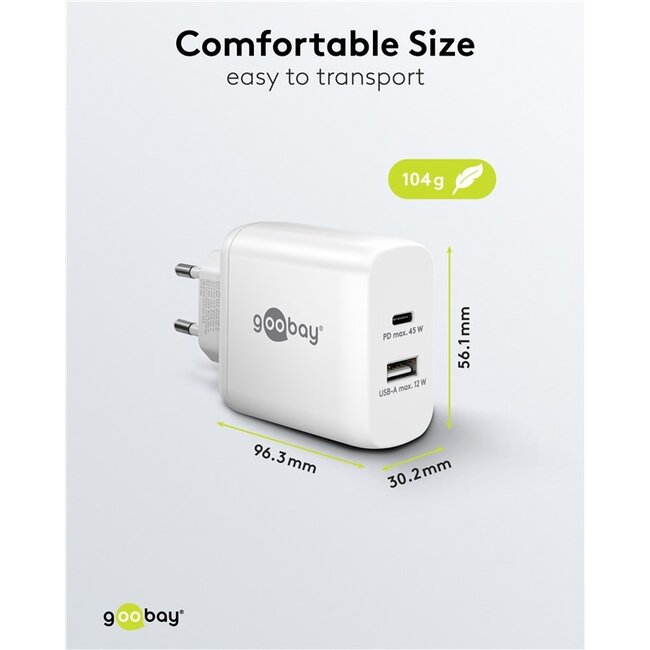 Goobay thuislader met 1x USB-C PD en 1x USB-A | GaN | 45W | wit
