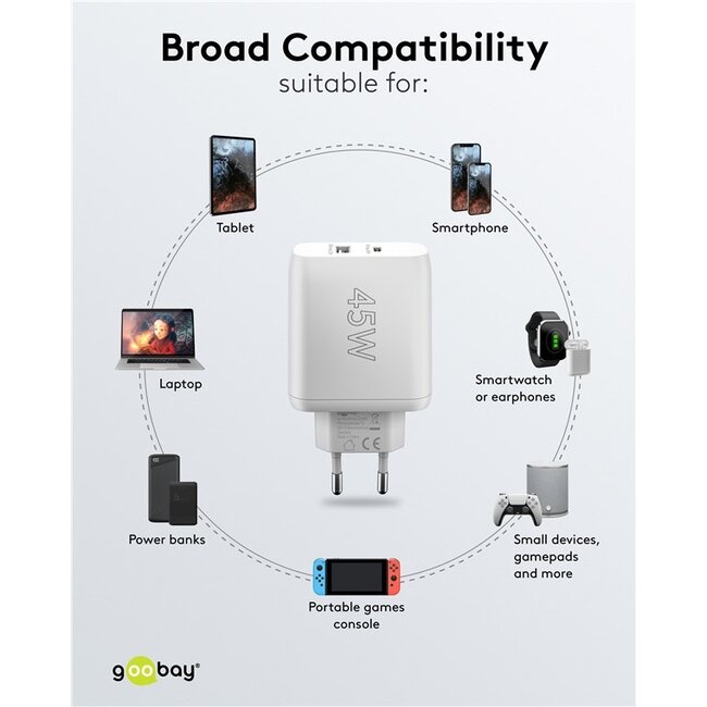 Goobay thuislader met 1x USB-C PD en 1x USB-A | GaN | 45W | wit
