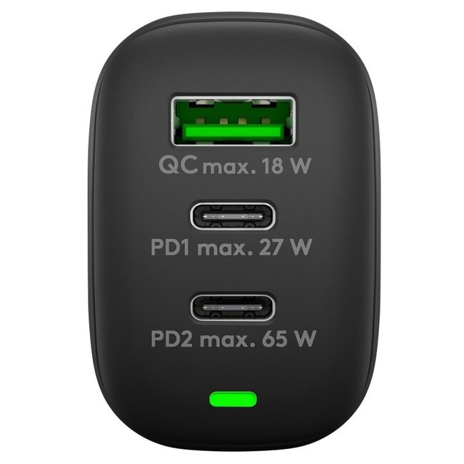 Goobay thuislader met 2x USB-C PD en 1x USB-A QC | GaN | 65W | zwart